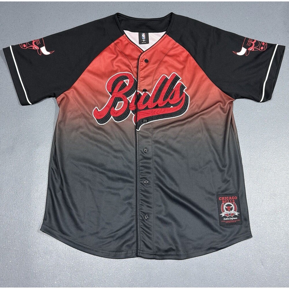Chicago Bulls Baseball Jersey Button Up Ombre Gradient Red Black Mens Large